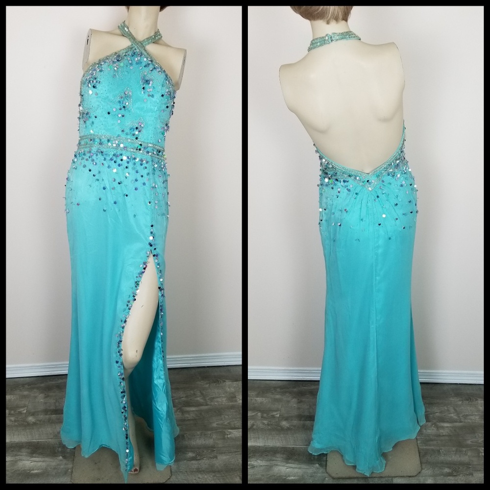 Les Soirees halter top prom dress, Light Blue. Silk, Hand Beaded, Sequins, NWT